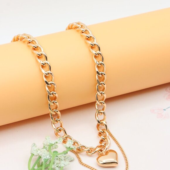 Chunky Yellow Gold Chain Necklace with Heart , XPNL0300 - Picture 9 of 12